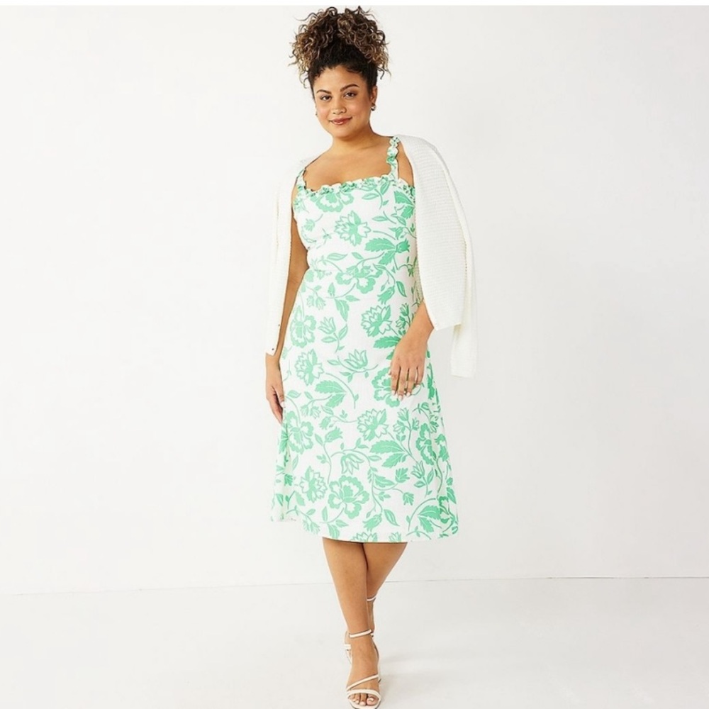 DRAPER JAMES RSVP NWT Linen Blend Ruffle Neck Floral Midi Dress, Size 14